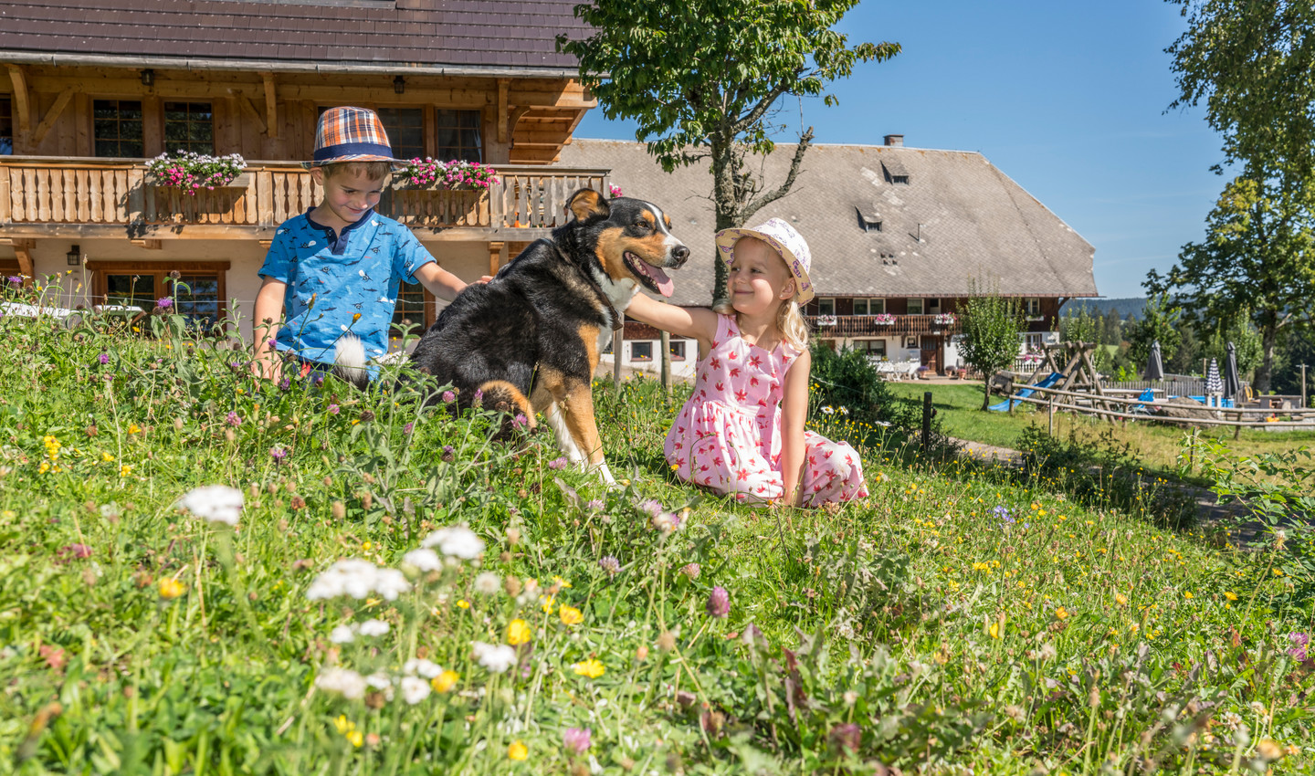 Kinder sitzen vor dem Haus und genießen die Zeit mit dem Hund