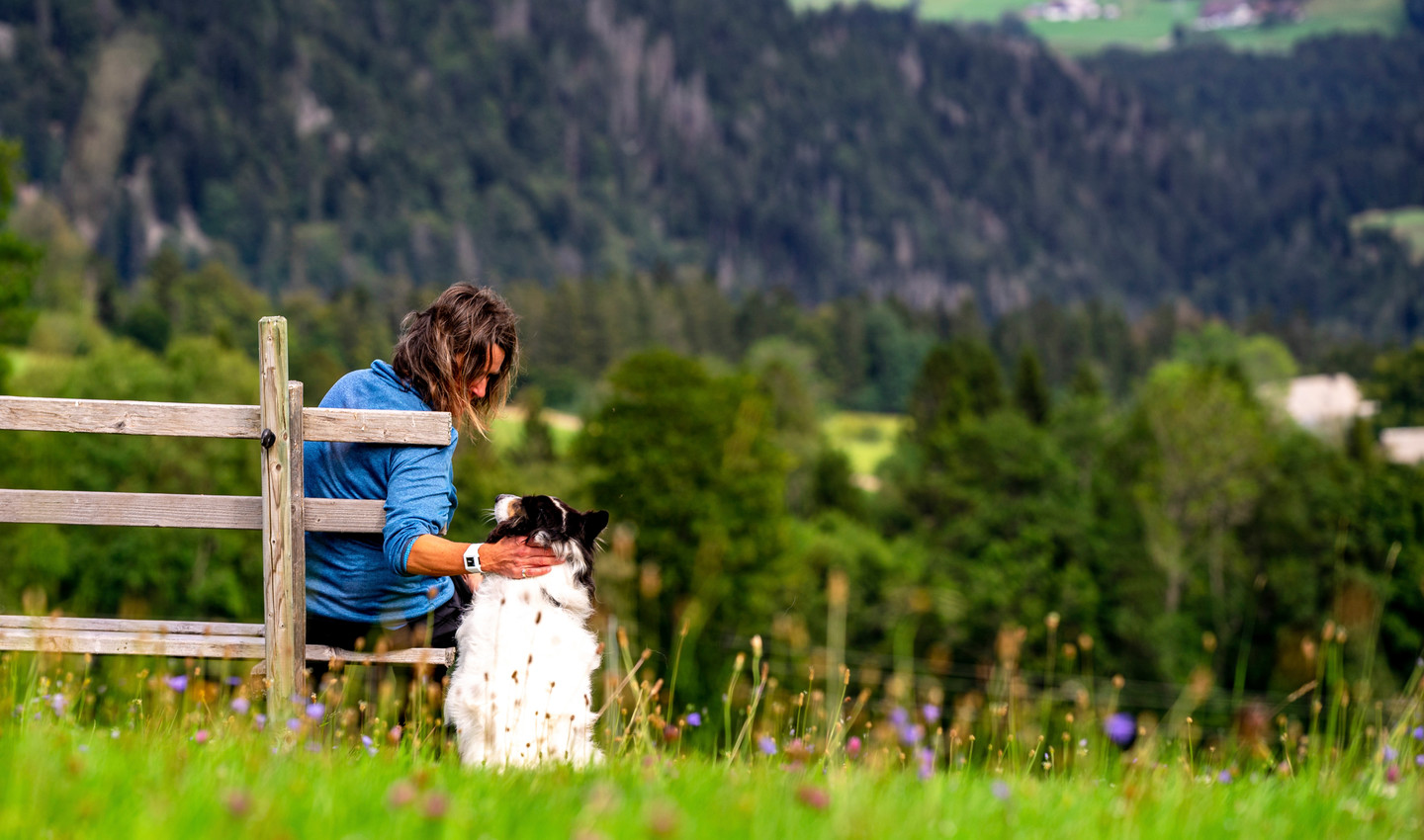 Wanderin streichelt ihren Hund