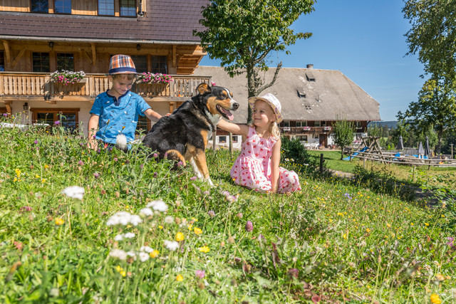 Kinder sitzen vor dem Haus und genießen die Zeit mit dem Hund