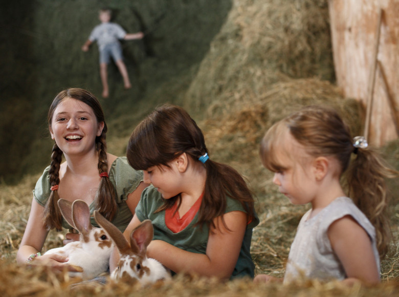 Kinder sitzen und heu und streicheln die Hasen