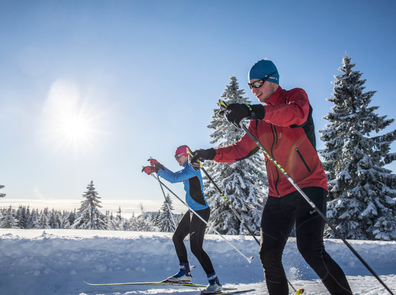 Wichtig sind auch die richtigen Stöcke: Klassik-Langlaufstöcke sollten von der Länge her bis unter die Achselhöhle reichen, Skatingstöcke bis unters Kinn...